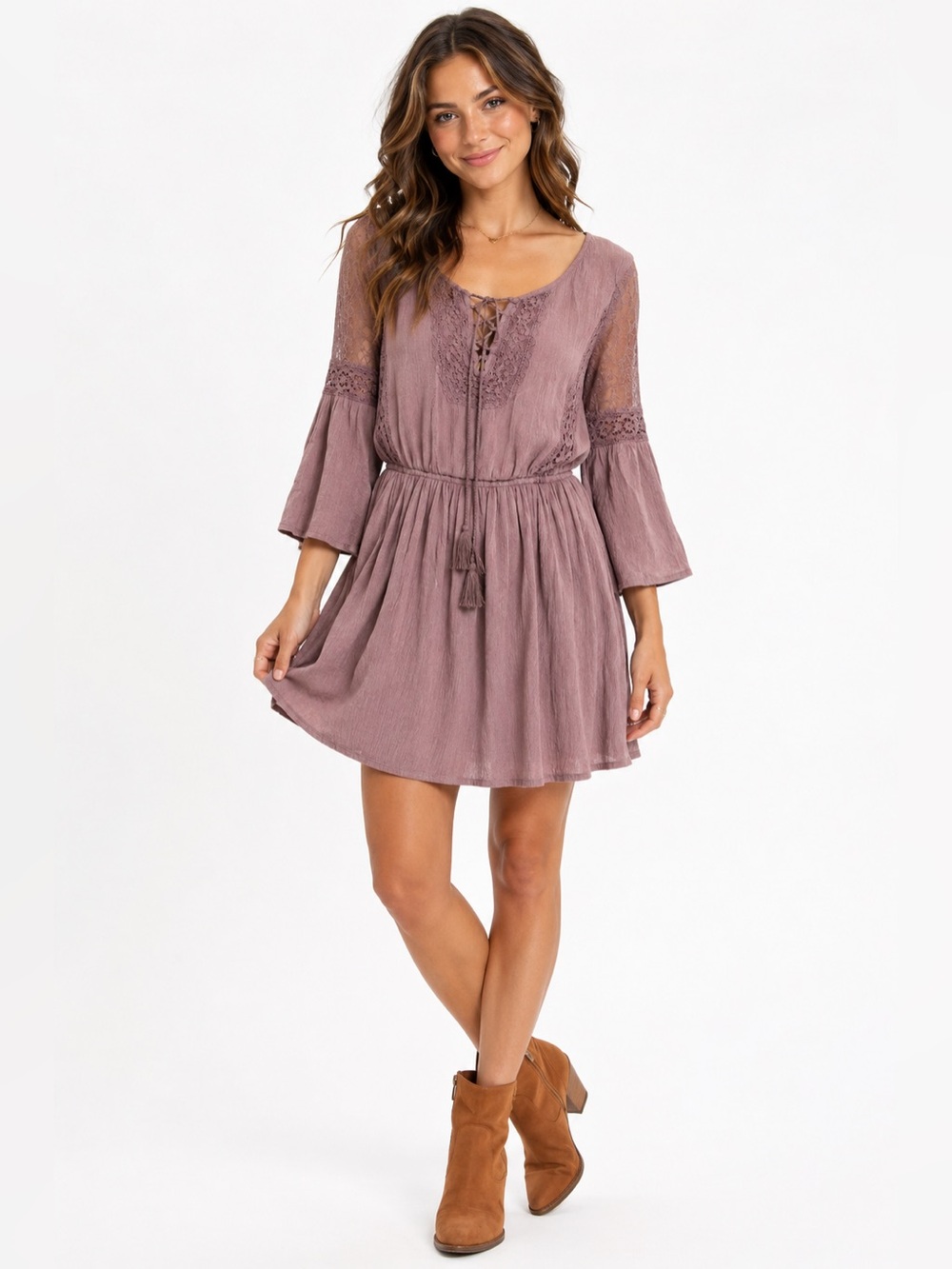 American Eagle Mauve Boho Peasant Dress Lace Tie Front 3/4 Sleeve Women's S